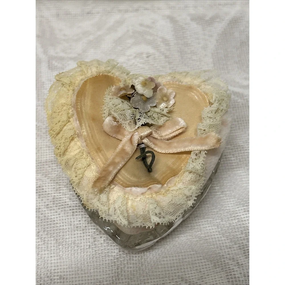 Lead CRYSTAL Heart Shaped Dish With Powder Puffs Trinkets Tray Cosmetics Zajecar